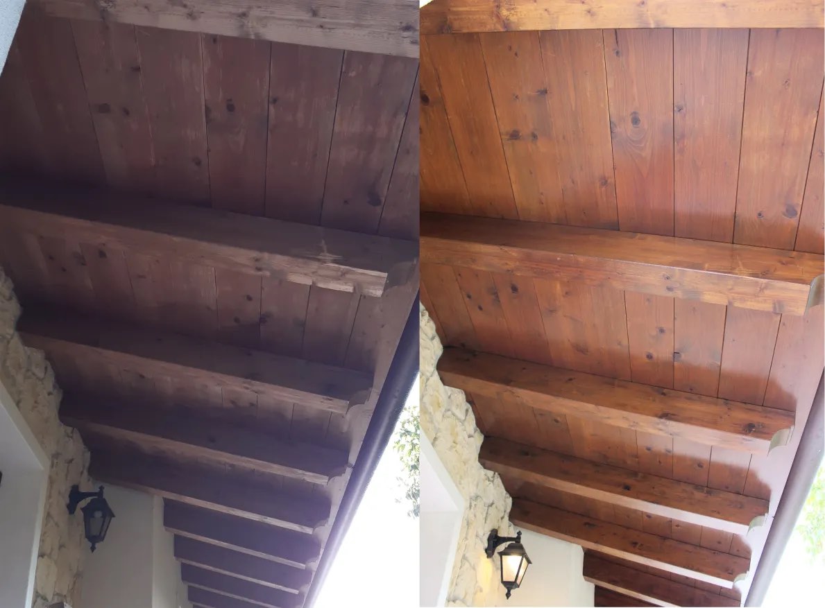 Holzdecke unter dem Vordach vorher und nachher